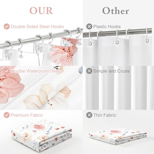 Gibelle 3 in 1 Shower Curtain Set, Coral Watercolor Floral Bath Curtain and PEVA Liner Set with 12 Double Sided Steel Hooks, Waterproof Fabric Bathroom Curtain 72x72 - color: Coral, size: 72"W x 72"L (Pack of 1)