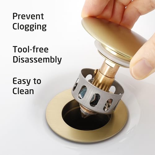 KES All Metal Bathroom Sink Drain with Strainer Basket Hair Catcher Anti Clog Pop Up Drain Stopper for Vanity Vessel Sink with Overflow, Rustproof 18/8 Stainless Steel Brushed Gold, S2013A-BZ - color: Brushed Gold, style: for sink WITH overflow,1-pack