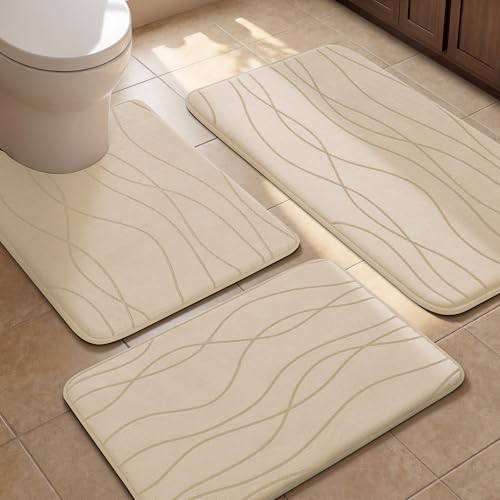 YIHOUSE Bathroom Rugs Set 3 Piece, Memory Foam Bath Mat Khaki | Ultra Soft, Absorbent, Non-Slip, Machine Washable, for Bathroom, Sink and Toilet - color: Khaki, size: 2'9" x 1'8" (Rectangular)