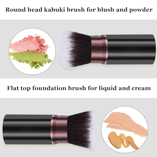 Retractable Makeup Brushes, 2 Pack Travel Kabuki Blush Makeup Brush | Face Powder Foundation Brushes for Blending Liquid, Blush, Bronzer, Buffing, Flawless Cosmetics, with Aluminum Handle, Cover - color: Brown&Black