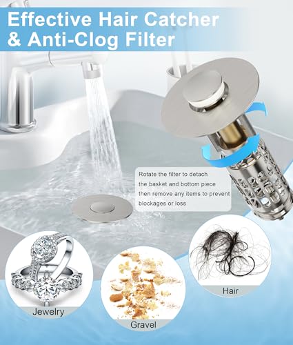 QYHNYJF Upgraded Bathroom Sink Stopper with Hair Catcher - Universal Pop-Up Drain Plug, Stainless Steel & Silicone Seal for 1.1-1.5 Inch Drains,Brushed Nickel Finish (Brushed Nickel) - color: Nickel Brushed