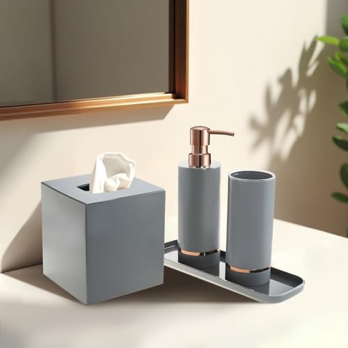 Decozen Bathroom Accessories - 4Pcs Bath Accessories for Home Decor Soap Dispenser, Lotion Dispenser, Tissue Box & Tray for Bath Decor Countertop Organizer - Christmas Decorations, Housewarming Gift - color: Grey