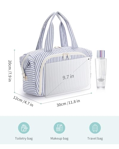 Narwey Travel Toiletry Bag for Women, Wide Open Large Makeup Bag, Cosmetic Bag Make Up Organizer with Handle, Wet Pocket for Towel, Travel Bag for Toiletries, Brushes, Essentials (Greyish Blue Stripe) - color: Y-Greyish Blue Stripe