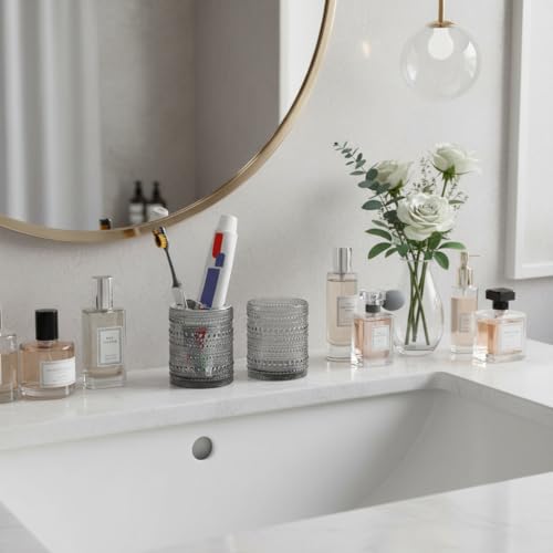Grey Toothbrush Holders for Bathrooms, Glass Toothbrush Holder with 2 Slot Divider, 10oz Bathroom Tumbler and Mouthwash Cup, Tooth Brush Holder for Brushes, Toothpaste - color: Grey