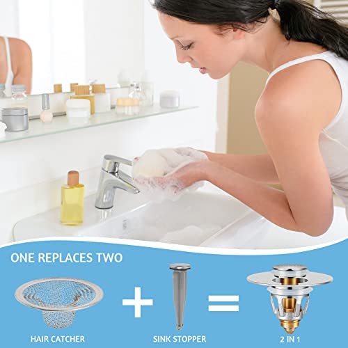 QYHNYJF Bathroom Sink Stopper with Hair Catcher – Universal Pop-Up Drain Strainer for 1.1–1.5 inch US Standard Sink Drain Holes, Anti-Clog Basin Stopper, Silver - color: Chrome Silver