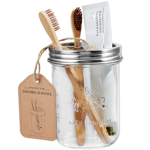 SheeChung Mason Jar Toothbrush Holders, Glass Toothbrush Holders for Bathroom, Bathroom Essentials, Mason Jar Bathroom Accessories Set, Bathroom Countertop Organizer-Brushed Steel - color: Brushed Steel