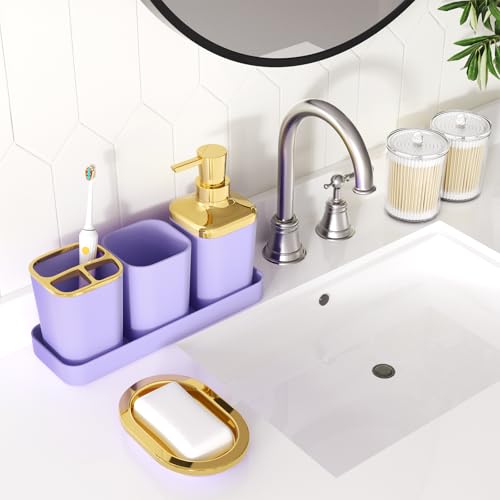 XLHOMO Bathroom Accessories Set - Luxury Purple Bathroom Set, 9 Pieces Bathroom Accessory Set, Purple Bathroom Accessories with Trash Can, Toilet Brush & Soap Dispenser - color: Purple & Gold, size: Bathroom Set