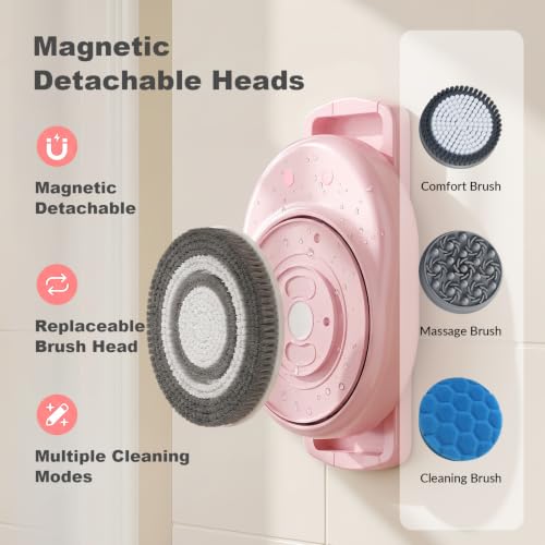 Electric Back Scrubber for Shower Wall Mounted, Hands-Free, 7'' Large Brush | Parents, Fitness Enthusiasts, Luxury Home Spa; Auto-Rotating Brush; 3 Speed Adjustment Exfoliating Brush For Back Cleansing - color: Pink