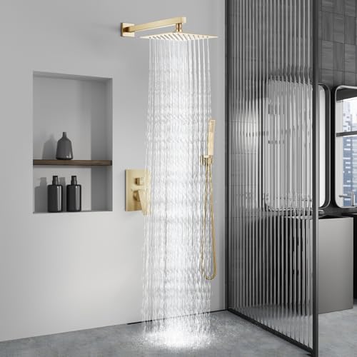 Aolemi Shower Faucet Set Rain Shower System with Handheld Spray Bathroom Shower Combo Rough-in Valve and Shower Trim Kit Included Brushed Gold 12 Inch Wall Mount Shower Head - color: Brushed Gold, size: 12 Inch Wall Mount Shower Head