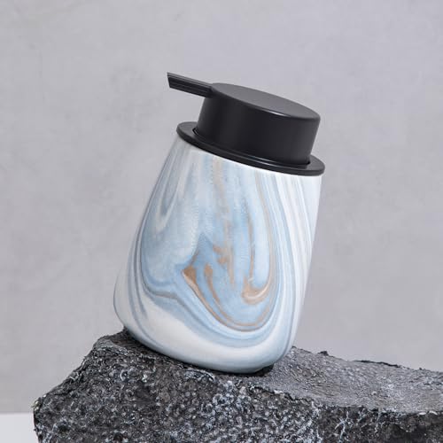 12Oz Foaming Hand Soap Dispenser - Ceramic Bathroom Foam Soap Dispenser with Easy-to-Press Black Pump, Refillable Lotion Hand Dispenser, Dish Soap Dispensers for Kitchen, Marble Blue - color: Marble Blue, style: Foam Pump