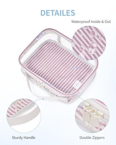 Narwey TSA Approved Clear Toiletry Bag for Travel, Waterproof PVC Clear Makeup Bags, Portable Compact Cosmetic Bag Make Up Organizer, Airport Airline Quart Size Compliant Bag (Dusty Pink Stripe) - color: Y-Dusty Pink Stripe