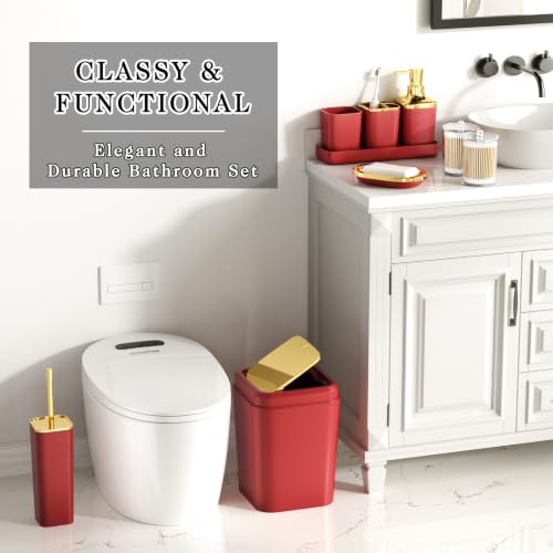 XLHOMO Bathroom Accessories Set - 25PC Bathroom Set with Shower Curtain and Rugs, Burgundy Bathroom Set, Bathroom Accessory Set with Press-on Lid Trash Can, Soap Dispenser and Qtip Holders - color: Burgundy & Gold, size: Plaid Complete Set + Bath Rugs