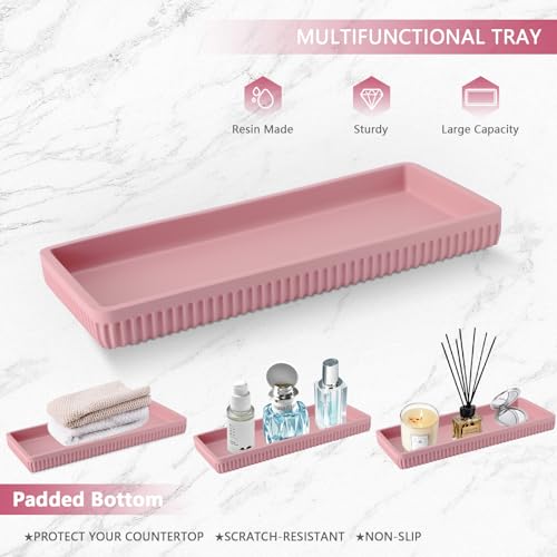 XLHOMO Resin Pink Bathroom Accessories Set 5 Pcs, Lotion Soap Dispenser, Toothbrush Holder, Bathroom Tumbler, Qtip Holder and Vanity Tray, Bathroom Countertop Organizer Set for Modern Home Apartment - color: Pink, size: Resin Bath Set