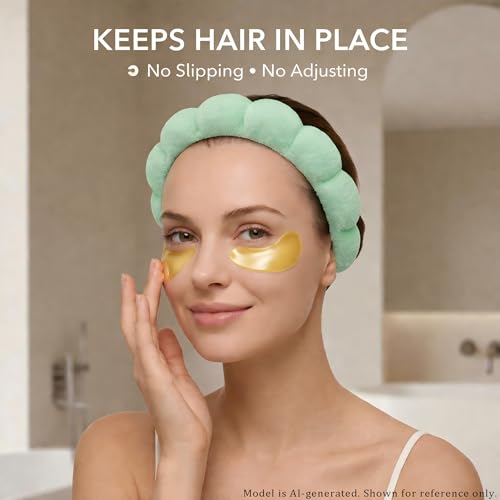 Headband for Washing Face and Wristband Set, Green | Soft absorbent fabric, snug head-hugging fit for face washing, skincare, makeup, masks, travel, women and teen girls - color: Green