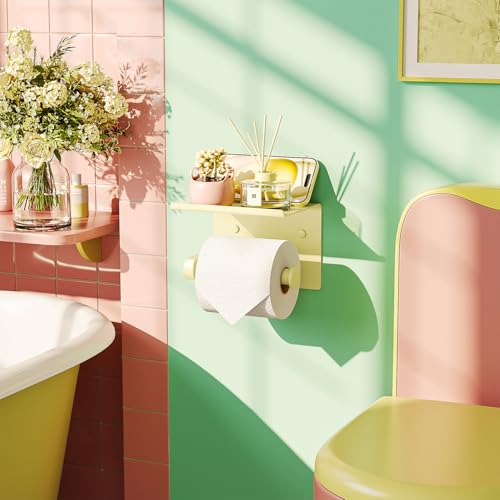 Tindbea Toilet Paper Holder with Phone Shelf, Adhesive or Screw Wall Mount Toilet Tissue Roll Holder, Rustproof & Multifunctional Stainless Steel Bathroom Storage Dispenser (Sunlight Yellow) - color: O-sunlight Yellow