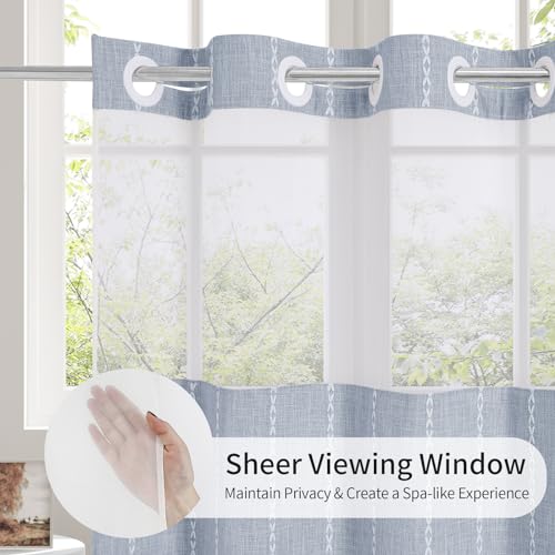 MitoVilla No Hooks Needed Farmhouse Shower Curtain with Snap-in Liner - with Window & Magnets, Boho Cotton Linen Fabric Shower Curtains with Tassels for Rustic Bathroom Decor, Blue, 72 x 74 - color: Blue - Win