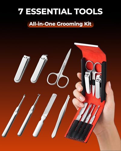 7 in 1 Nail Clipper Set, Manicure Kit with Magnetic Case | Fingernail Clippers,Nail File,Tweezers,Eyebrow Scissors,Ear Cleaner,Compact and Portable,Travel-Friendly,Gift for Women & Men