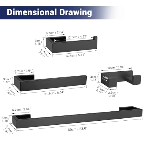 Matte Black Bathroom Hardware Set, 4-Piece Bath Towel Bar Set SUS304 Stainless Steel Towel Rack Set for Bathroom, 23.6 inches Bathroom Towel Holder Set Wall Mounted - color: Matte Black, size: Set A