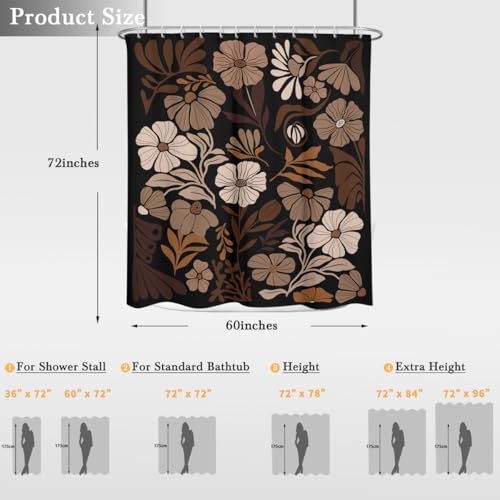 Moody Boho Floral Shower Curtain, 60x72 Inch Black and Brown Tan Wildflower Patterns, Vintage Taupe Botanical Polyester Fabric with 12 Hooks, Dark Nature Decor - color: Brown, size: 60"W x 72"L (Pack of 1)