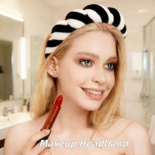 7 Pcs Spa Set, Facial Headband and Wristband Set, Skincare Accessories, College Style Girl Gift, Hair Accessories for Women and Girls（Black White Stripe ） - color: Black White Stripe