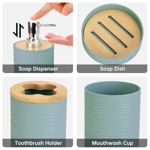 4 Pieces Bamboo Bathroom Accessories Set, Bathroom Accessory Set with Soap Dispenser and Toothbrush Holder, Soap Dish and Toothbrush Cup, Boho Bathroom Decor(Aqua) - color: Aqua