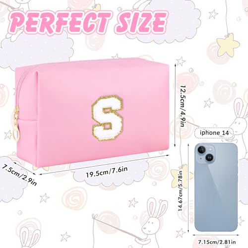 URSKYTOUS Patch Makeup Bag Travel Small Cosmetic Bag Pink PU Makeup Pouch Zippered Personalized Preppy Initial Skin Care Stuff Bag for Women Birthday Gift Teen Girl Gifts Trendy Stuff(S) - color: Pink, size: S