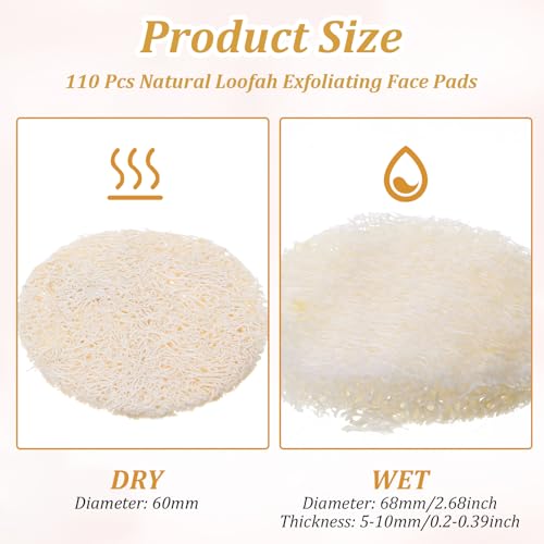 110 Pcs Natural Loofah Exfoliating Face Pads – 2.36 Inch Round Face & Body Scrubber Pads for Men & Women – Gentle Exfoliation, Dead Skin Removal, Bulk Loofah Sponges for Bath, Shower and Spa