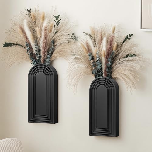 2 Pack Wooden Wall Vase Set with Pampas Grass Eucalyptus, Modern Farmhouse Boho Wall Decor for Living Room, Entryway, Hallway, Bathroom, Dining Room, Black Wall Art for Home Decoration - color: Black With Dry Flowers