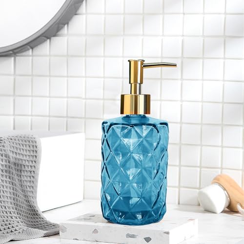 Blue Glass Soap Dispenser, Bathroom Shower & Shampoo Dispenser, Foam Hand Soap Dispenser with Gold Pump,11Oz/330ml Refillable Kitchen Dish Soap Bottle for Home Hotel - color: Blue&gold