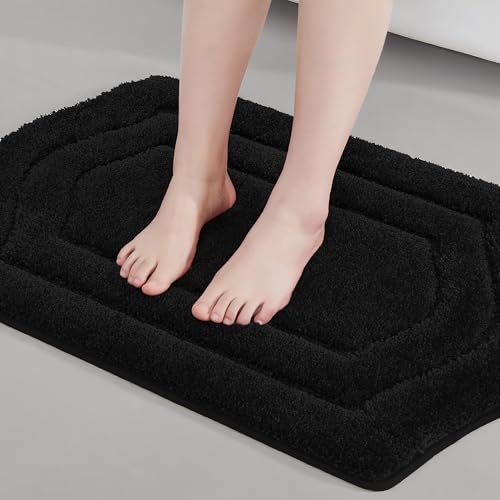COSY HOMEER Bathroom Rugs Mat 17”x27” Absorbent Non-Slip Bath Mat Plush Shaggy Machine Washable Bath Rugs Soft Polyester Bath Mats for Bathroom Floor,Tub and Shower,Black - color: Black, size: 1'5" x 2'3" (Oval)