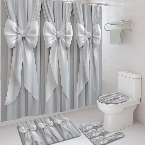 Bow Shower Curtain Sets, Elegant Modern Ribbon Curtain N/a Gray Polyester Waterproof Design Bathroom Shower and Rug Set for Bathtub Toile Guest Room Decor 72x72 Inch - size: 72"W x 72"L (Pack of 4)