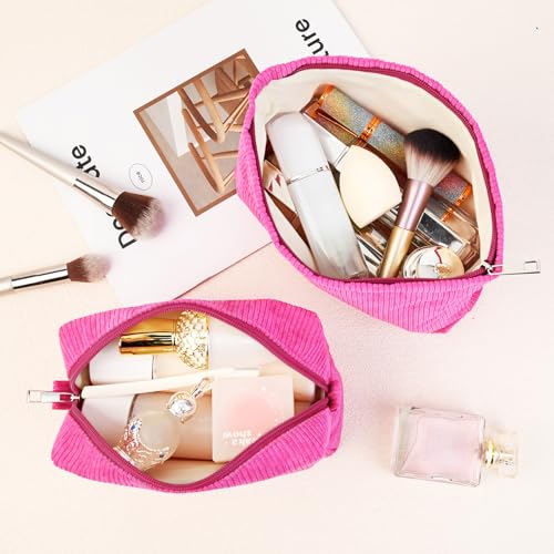 SOIDRAM 2 Pcs Corduroy Makeup Bag Large Cosmetic Bag Toiletry Bag Makeup Pouch Travel Bag Organizer Cute Makeup Brushes Aesthetic Accessories Storage Bag for Women Rose Red - color: Corduroy Rose red