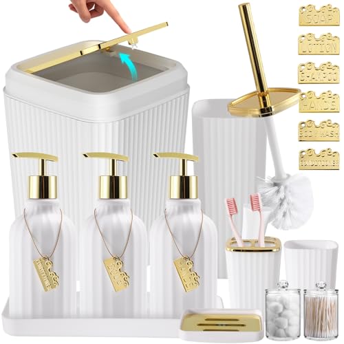 17PCS Bathroom Accessories Set, White Bathroom Set Bathroom Accessories Set with Trash Can, Toilet Brush, Toothbrush Holder, Qtip Holder & 3PCS Soap Dispenser - size: Bath Set with Press-Top Trash Can, style: White