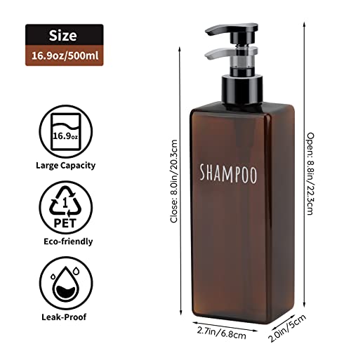Segbeauty 16.9oz Lotion Dispenser, 3pcs Refillable Square Shampoo Bottles with Pump, 500ml Empty Plastic Bathroom Shower Bottles Liquid Soap Container Body Wash Dispenser for Home Hotel Travel Amber - color: Dark Amber, style: Black Pump