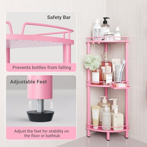 ELYKEN Corner Shower Caddy Standing, 3 Tier Rustproof Metal Shower Organizer with Soap Holder, Floor Shower Corner Shelf Rack Storage Stands with Adjustable Feet & 2 Hooks for Bathroom, Pink - color: Pink, size: 3 Tier