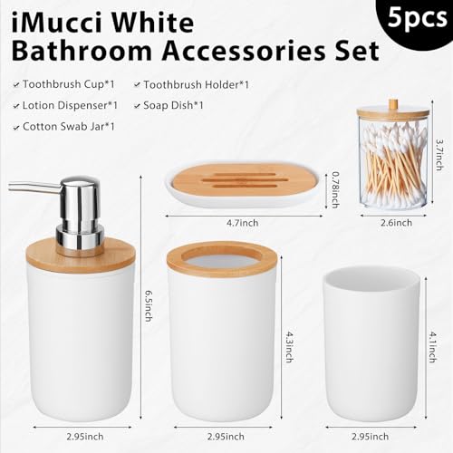 iMucci Bathroom Accessories Set 5Piece White Bathroom Sets, Toothbrush Holder, Toothbrush Cup, Lotion Soap Dispenser, Soap Dish and Qtip Holder Bathroom Decor - style: White