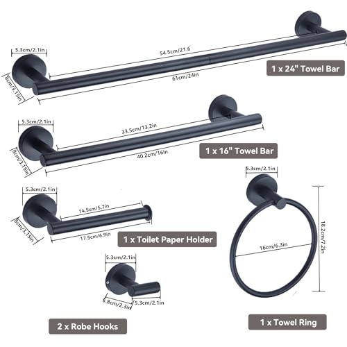 Matte Black Bathroom Hardware Set 6-Piece, SUS304 Stainless Steel Bath Accessories Kit, Includes 24" & 16" Towel Bars, Toilet Paper Holder, Towel Ring, 2 Robe Hooks, Wall Mounted Round Style