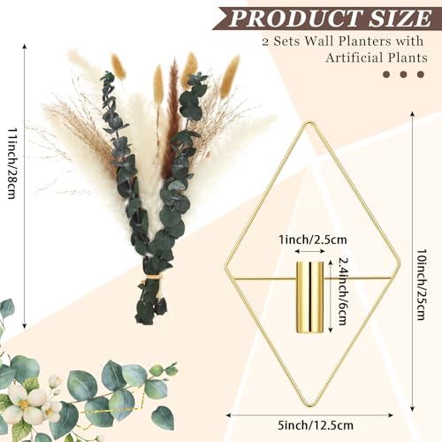 Canlierr 4 Pcs Gold Wall Decor Hanging Planters with Artificial Plants Eucalyptus Pampas Grass Metal Hanging Vase Indoor Plants Holder Modern Boho Wall Art for Bathroom Bedroom Living Room Decor - color: Gold, size: Pampas Grass, Eucalyptus