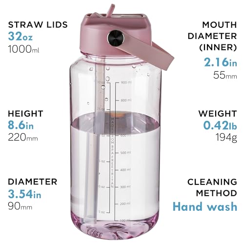 OLDLEY 32oz Water Bottle with Straw, Leakproof Tritan Clear Bottle with Marked Bottle and Carry Handle, BPA-Free Wide Mouth Reusable Sports Water Bottle for Gym,Hiking,Camping,Travel,Workout,Pink - color: Pink