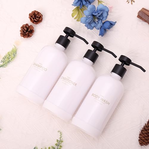Shampoo and Conditioner Dispenser Set of 3,Refillable 21oz Shampoo Bottles with Non-Slip Protective Silicone Pad,Shower Soap Dispenser with Waterproof Labels for Bathroom (White) - color: White Bottles + Black Pumps