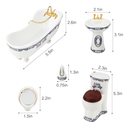 Dollhouse Bathroom Set 5PCS Miniature Porcelain Furniture 1/12 Victorian Dollhouse Furniture White Ceramic Toilet Bathtub Washbasins Decoration Accessory (Blue) - style: Blue