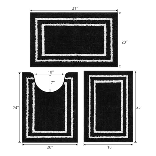 Uphome Bathroom Rugs Sets 3 Piece, Modern Black and White Bathroom Mat Set Non Slip Machine Washable, Soft Absorbent Bath Mat Set with U Shaped Toliet for Tub, Shower - color: Black, size: 18 x 25 + 20 x 31 + U-Shape 20 x 24 inch
