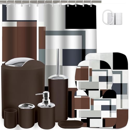 Lnond Brown Bathroom Set, 23-Piece Brown Geometric Bathroom Decor Set with with Shower Curtain and Rugs, Trash Can, Toilet Brush Holder Set & Soap Dispenser - style: Brown Geometric