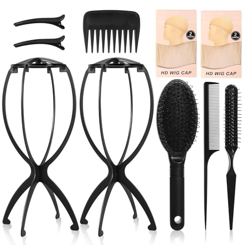 obeoby Wig Stand and Wig Brush Comb Set for Human and Synthetic Hair | 2 foldable stand, 4 gentle detangling combs, 2wig caps, 2 hair clips,for home, salon or travel, little gift for wig lovers