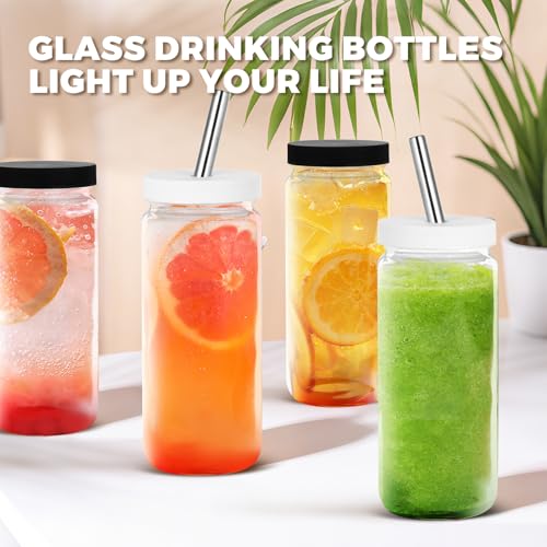 Jarsoph 18oz 6pcs Glass Juice Bottles with Lid, Water Containers with Caps | Reusable Tall Mason Jar for Drinking, Smoothie and Other Beverages BPA Free 100% Leak Proof Drinking - size: 18oz-Black Lid