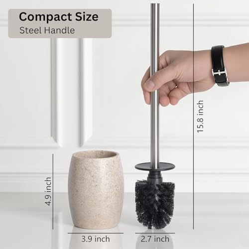Clasin Home Toilet Bowl Brush and Holder with Stainless Steel Long Handle, Toilet Scrubber Brush with Durable Base, 360° Deep Cleaning Bristles for Bathroom, Compact Set for Small Space (Beige) - color: Beige