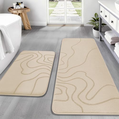 YIHOUSE Memory Foam Bathroom Rugs Sets 2 Piece - Extra Thick Ultra Soft Absorbent Bath Mat Set, Non-Slip Machine Washable Bath Rugs for Bathroom, Tub & Shower, Home Decor (17"x24"+20"x46", Beige) - color: Beige, size: 1'5" x 3'10" (17"x24"+20"x46")