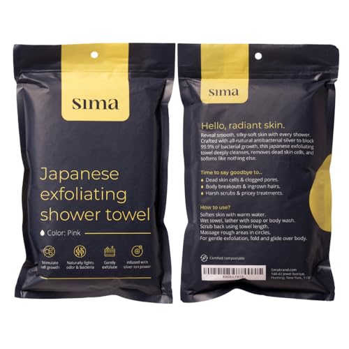 Sima Brand Exfoliating Washcloth Face & Body Scrub Towel - Japanese Exfoliating Towel with Hexagon Fibers, Body Scrubber with 2 Sides for Scrubbing & Washing, Extra Long Body Towels (Pink) - color: Pink