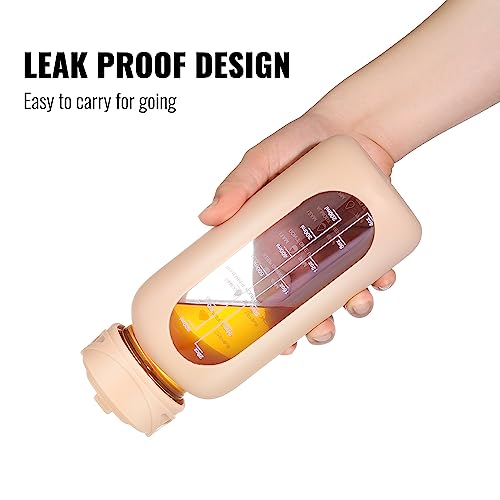 CIVAGO 32 oz Glass Water Bottle with Straw and Handle, Large Sports Motivational Water Bottle Flask with Time Marker and 2 Lids, Leakproof Water Jug Canteen with Silicone Sleeve for Gym,Beige - color: Beige, size: 32 Ounces