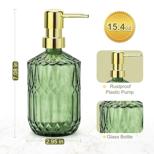 Green Glass Soap Dispenser (15.4 Oz, 1 Pack), Dish Soap Dispenser with Golden Rust Proof Pump for Kitchen Sink, Refillable Bathroom Hand Soap Lotion Dispenser - color: Green
